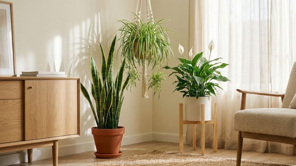 A sun-drenched living room corner showcasing three distinct houseplants for immune system.