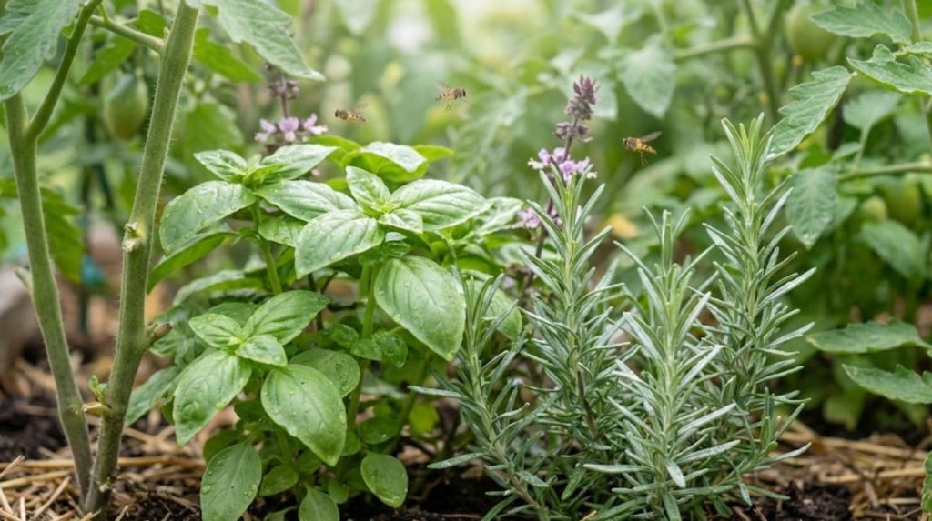 Interplanted basil and rosemary stems among tomato plants.