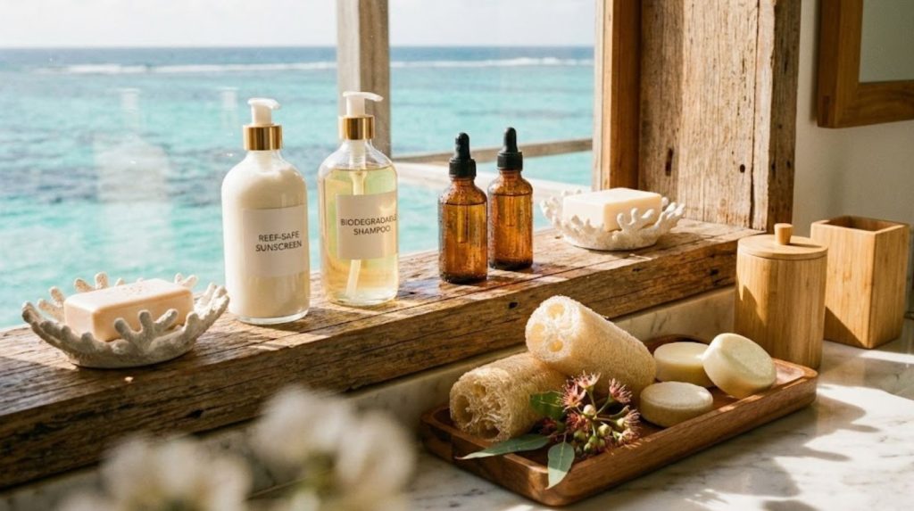 A sunlit bathroom shelf displays elegant glass bottles of reef-safe sunscreen and biodegradable shampoo bars.