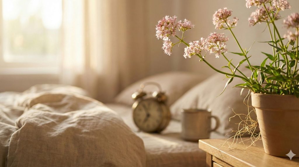 A close-up macro photograph of delicate valerian flowers in soft pink clusters atop tall green stems.