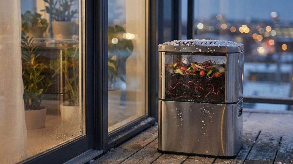 A gleaming stainless steel vermicompost bin sits on a modern apartment balcony