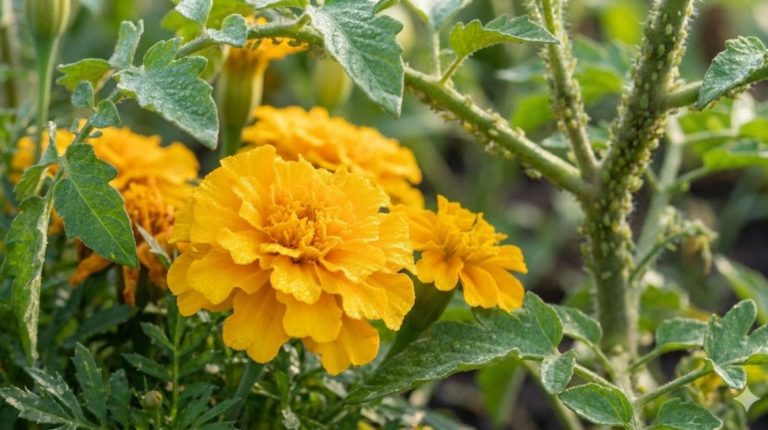 Marigold flowers blooming between rows of tomato plants, their golden petals sharp against verdant foliage.