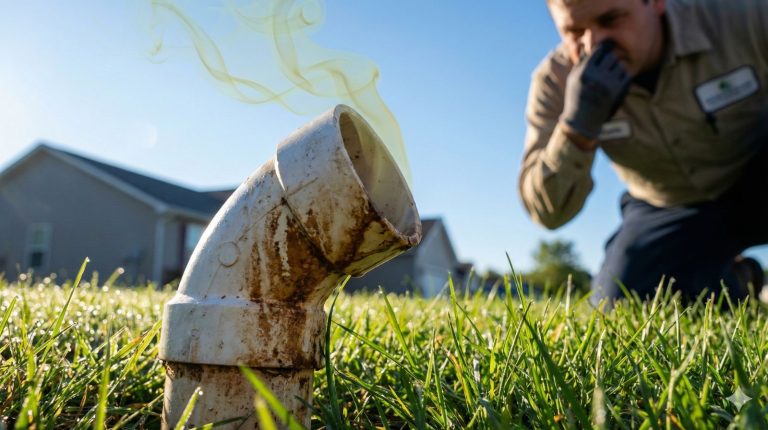 A close-up shot of a septic tank vent pipe protruding from residential lawn grass.