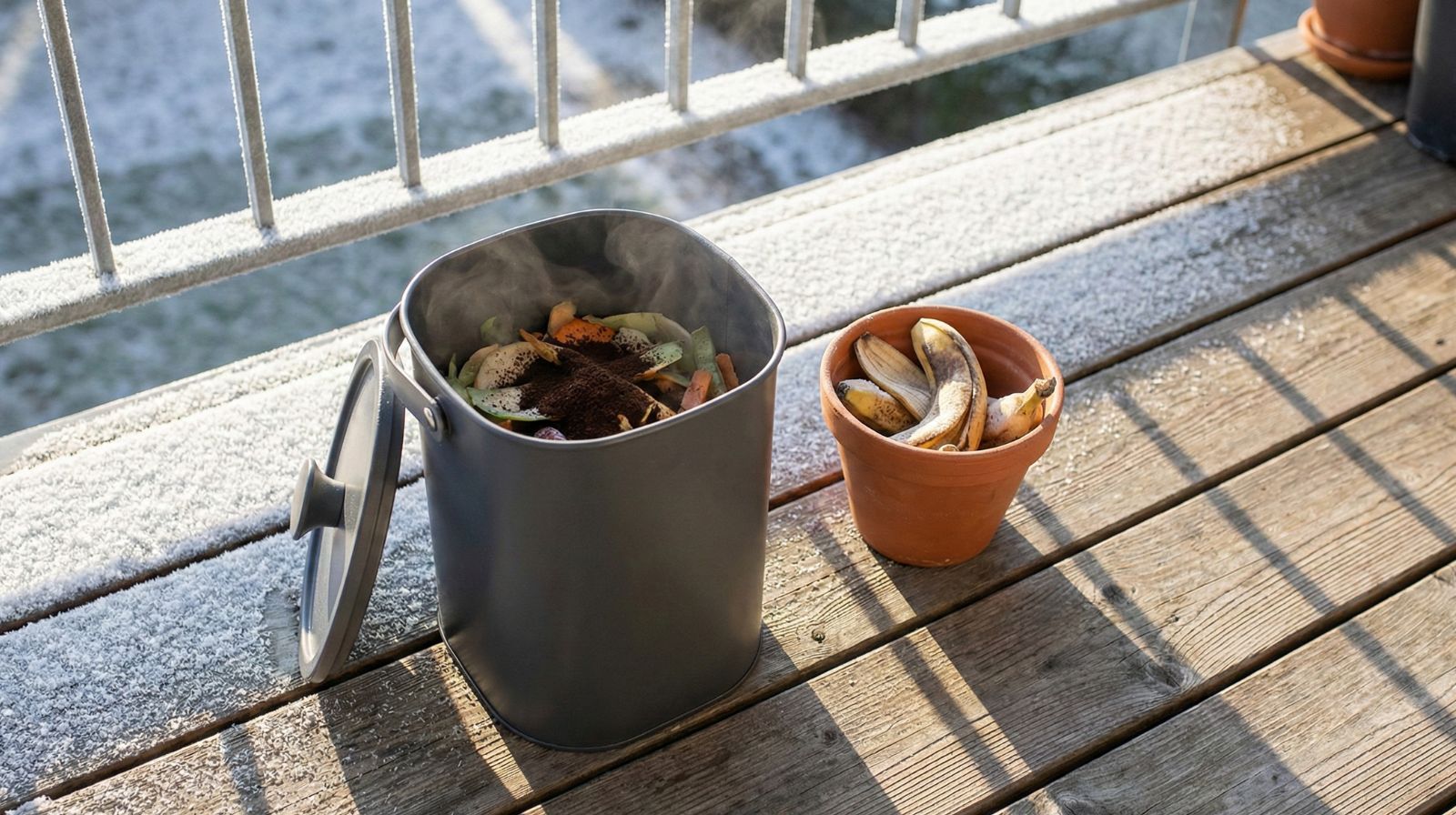 A sunlit apartment balcony showcases a compact, sleek bokashi composting bin in muted charcoal gray.