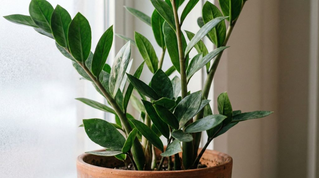 A close-up photograph of a glossy ZZ plant.