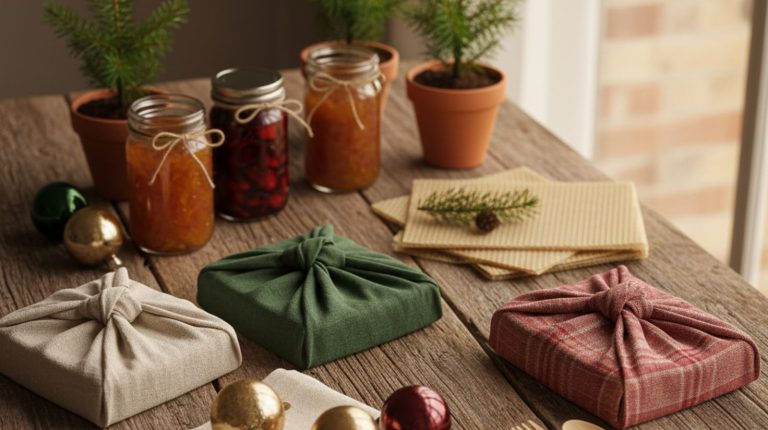 A flat lay photograph on reclaimed wood featuring natural holiday elements.