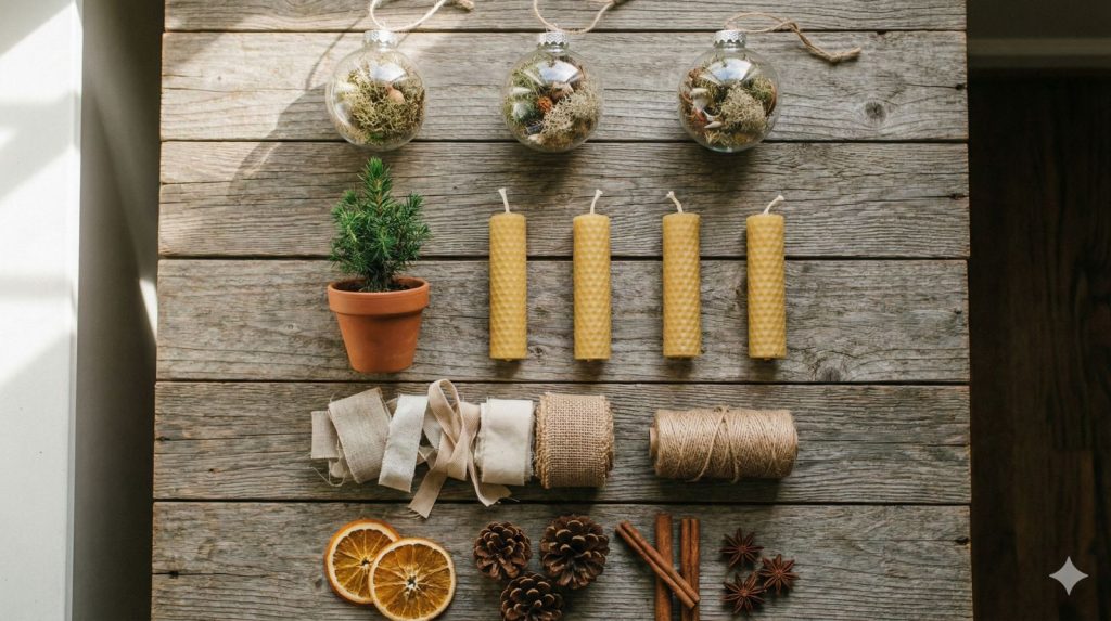 A styled overhead shot of natural Christmas decorations arranged in a checklist pattern on weathered wood.