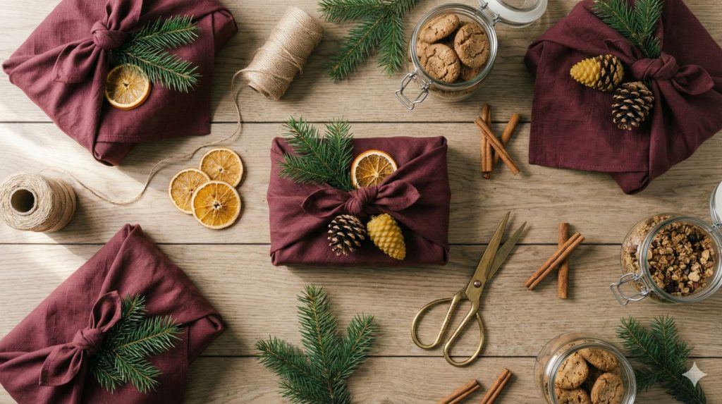 A pristine overhead shot of eco-friendly Christmas gift wrapping alternatives arranged on reclaimed wood.