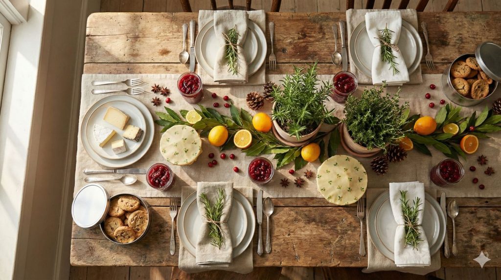 A festive overhead shot of a rustic wooden table displaying sustainable holiday party elements.