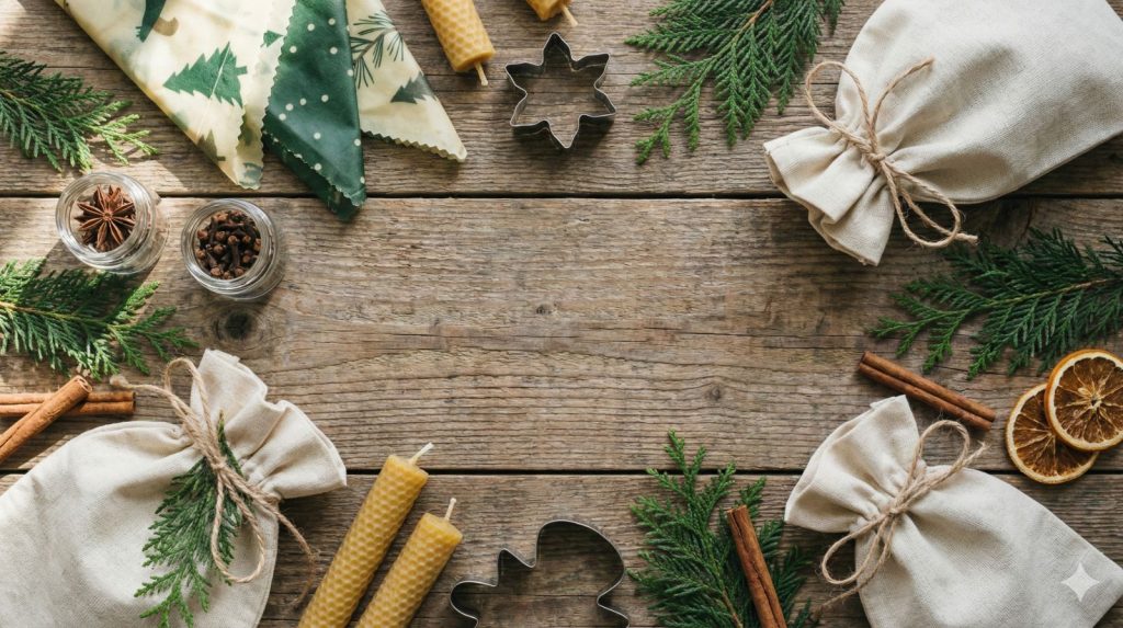 A flat lay photograph of sustainable Christmas items arranged on reclaimed wood.