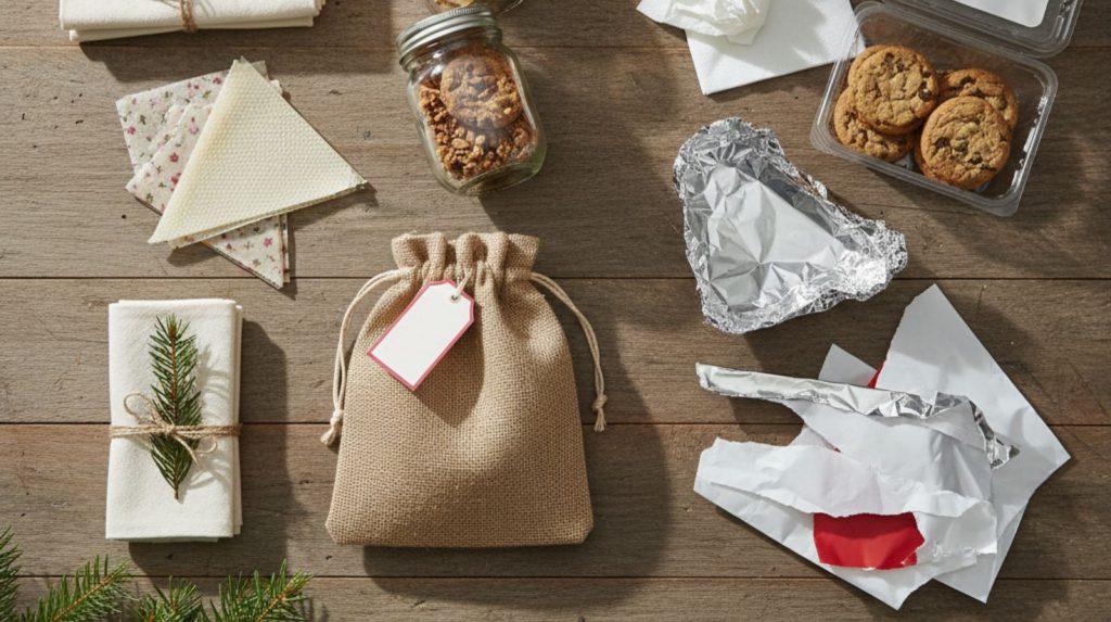 A festive overhead shot of a rustic wooden table displaying sustainable holiday party elements.