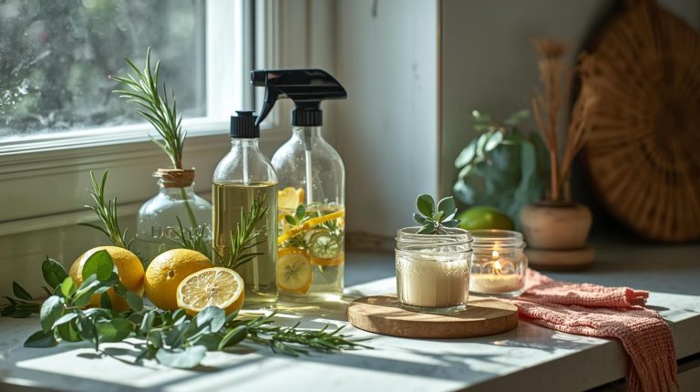 A sunlit kitchen countertop displays eco-friendly cleaning supplies.