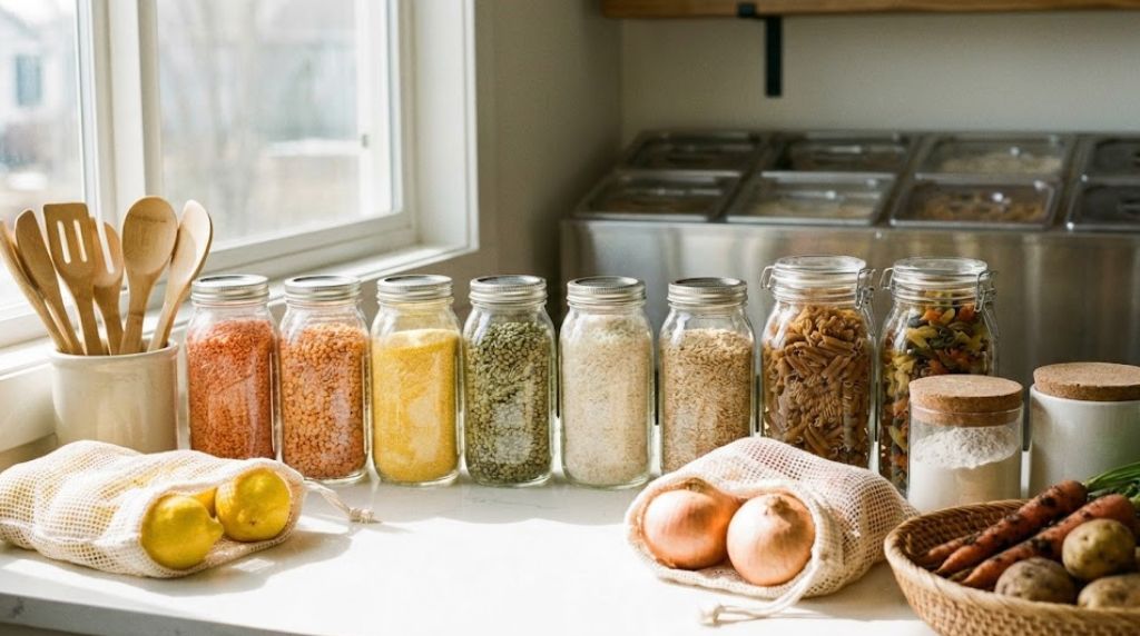 Glass jars filled with dried lentils, grains, and pasta arranged by color gradient.