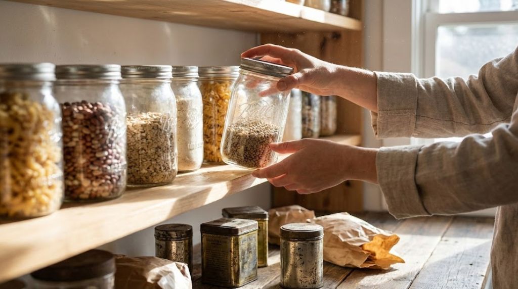 Zero-waste pantry setup showing mason jars half-filled with various dried beans, grains, and pasta arranged in deliberate rows.