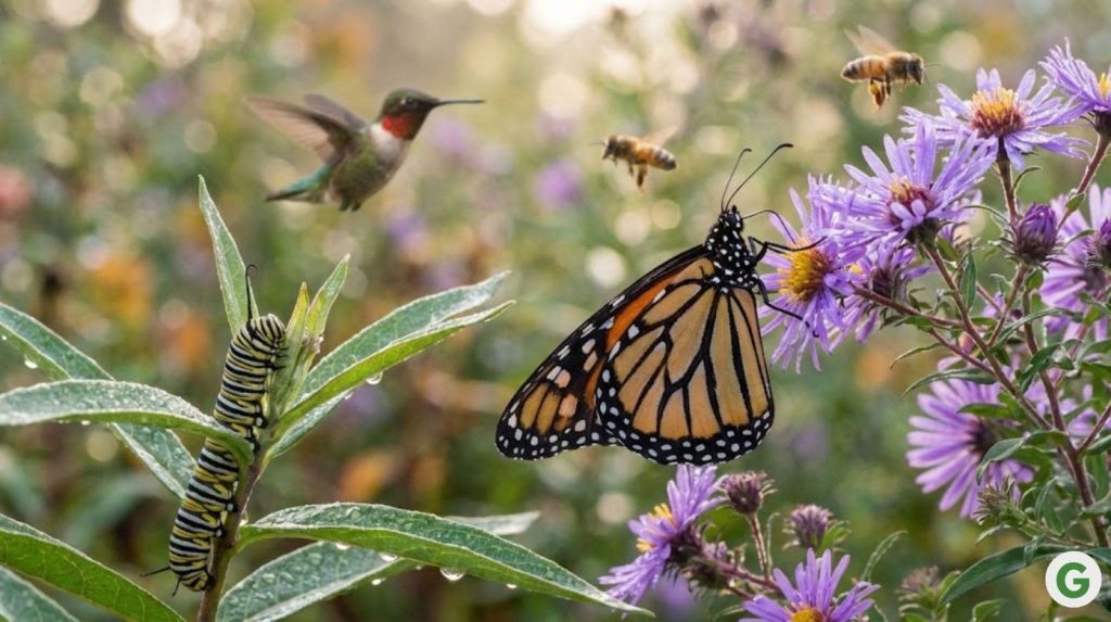 A monarch butterfly's proboscis unfurling onto Asters (Symphyotrichum), while honeybees and a ruby-throated hummingbird hover in soft bokeh background.
