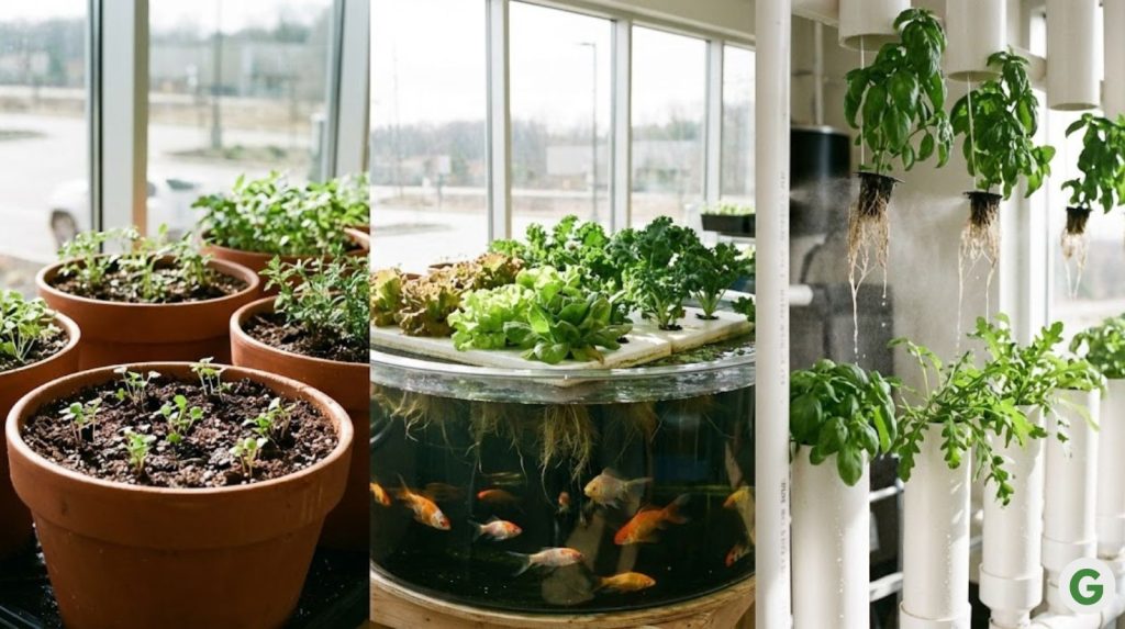 A bright indoor growing facility shot with shallow depth of field, showcasing three distinct cultivation methods side-by-side.