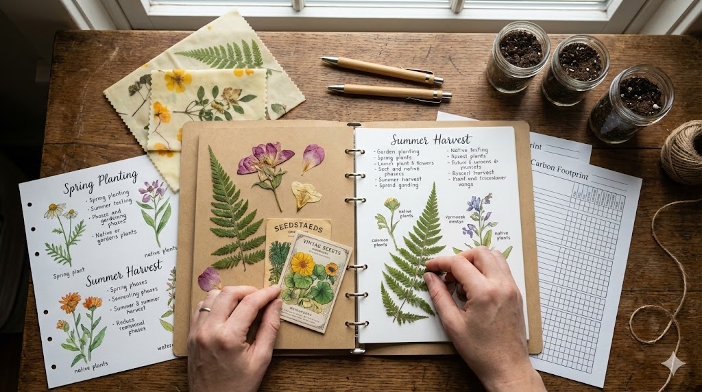Pressed botanical specimens, seed packets, and recycled paper inserts across an open kraft paper planner.