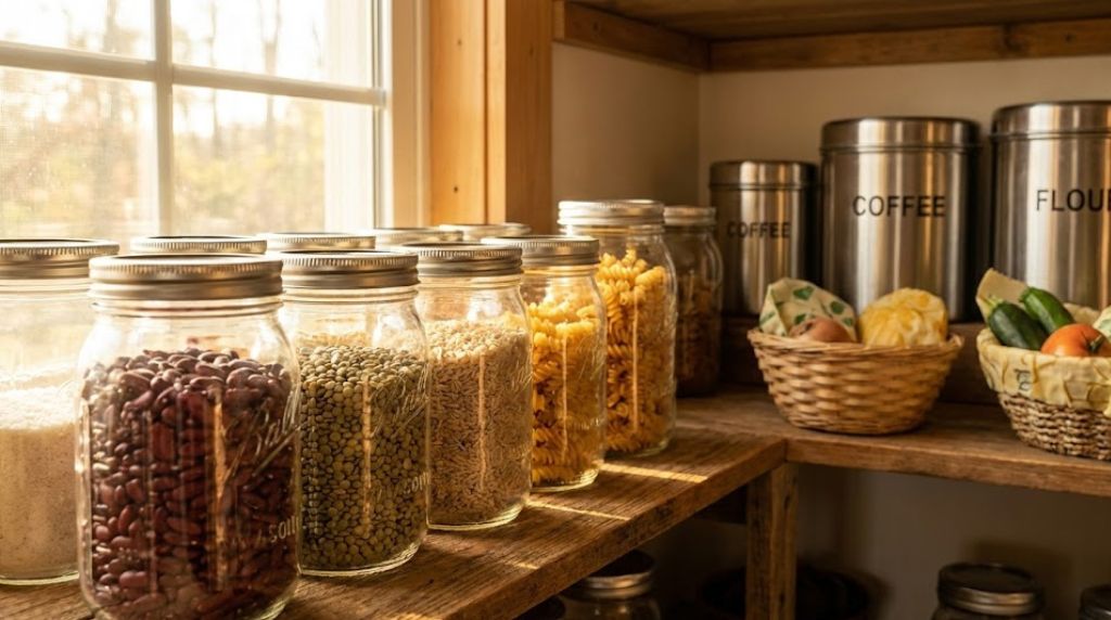 Zero-waste pantry setup showing glass mason jars filled with colorful legumes, grains, and pasta arranged on natural wood shelves.