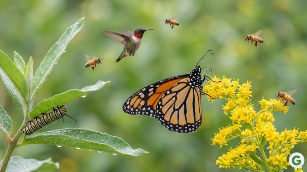 A monarch butterfly's proboscis unfurling onto Goldenrod (Solidago), while honeybees and a ruby-throated hummingbird hover in soft bokeh background.
