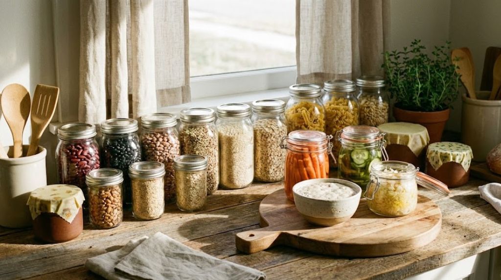 Glass mason jars filled with dried beans, grains, and pasta arranged in graduated sizes.