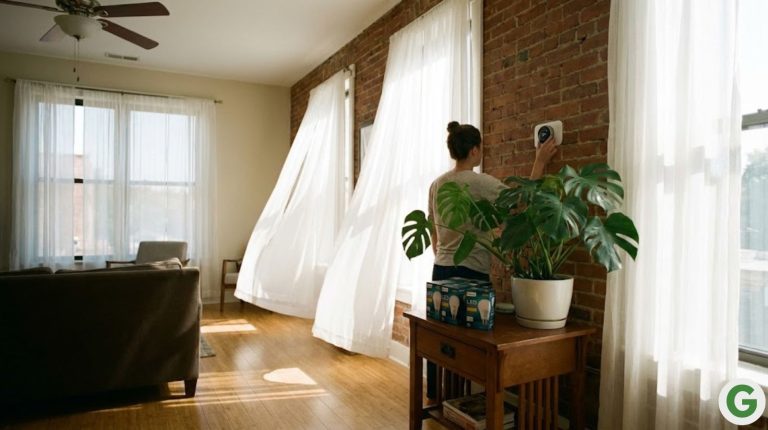 A person adjusts a sleek programmable thermostat on an exposed brick wall.