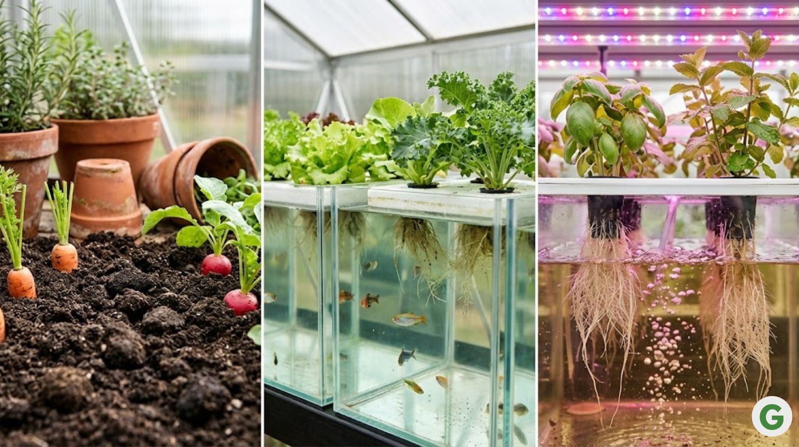 Three distinct indoor growing systems in a professional greenhouse setting.