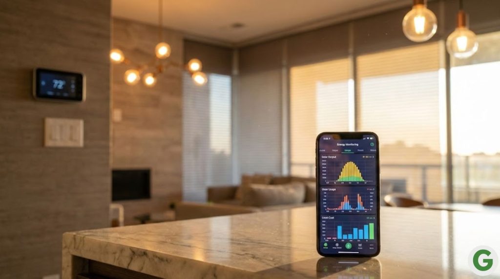 A smartphone mounted on a marble countertop displaying a colorful energy monitoring dashboard with real-time graphs.