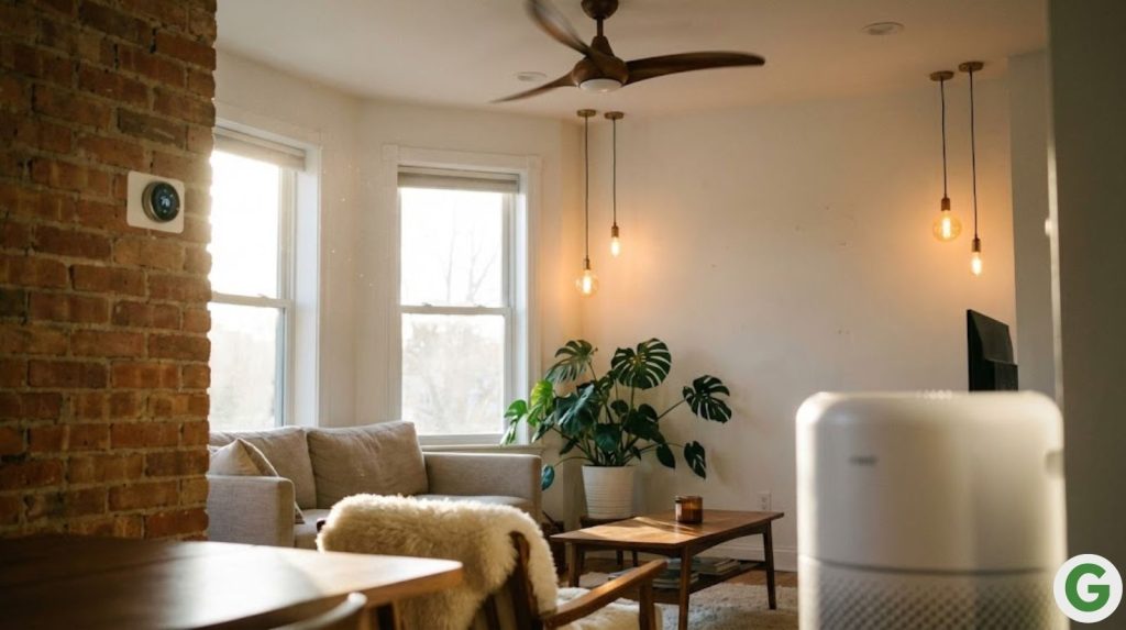 Pendant LED bulbs casting warm amber pools on whitewashed walls, and a ceiling fan's wooden blades frozen mid-rotation.