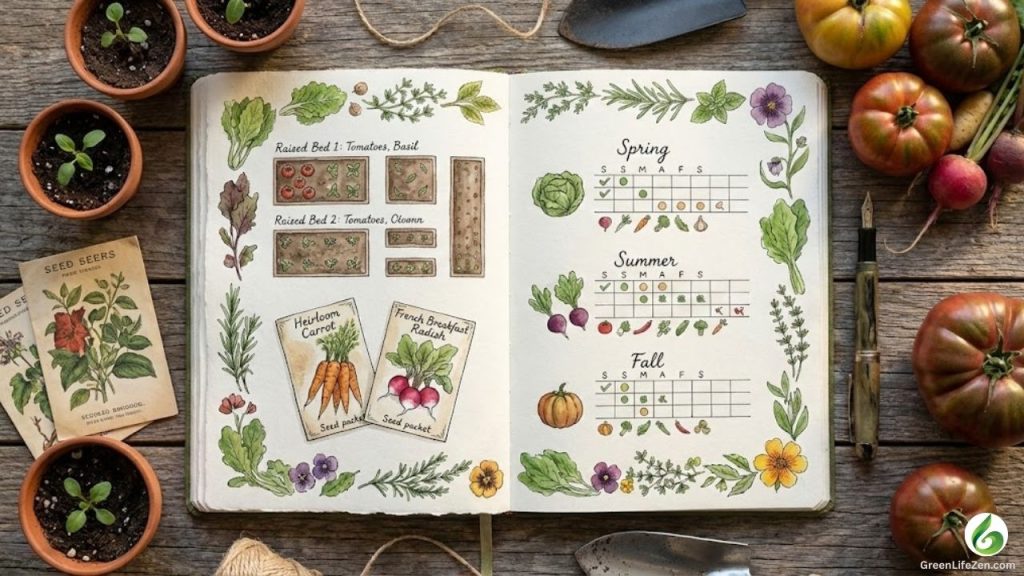An open planner spread on weathered wood, displaying hand-drawn garden bed layouts, seed packet illustrations, and seasonal planting charts.