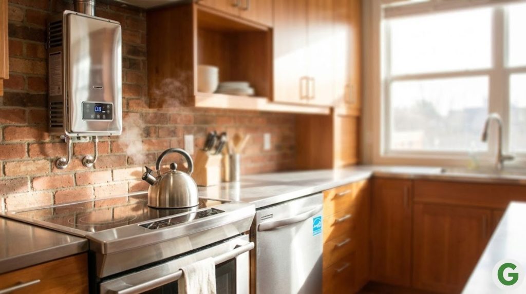 An energy-efficient tankless water heater mounted on exposed brick wall, its sleek chrome finish gleaming.