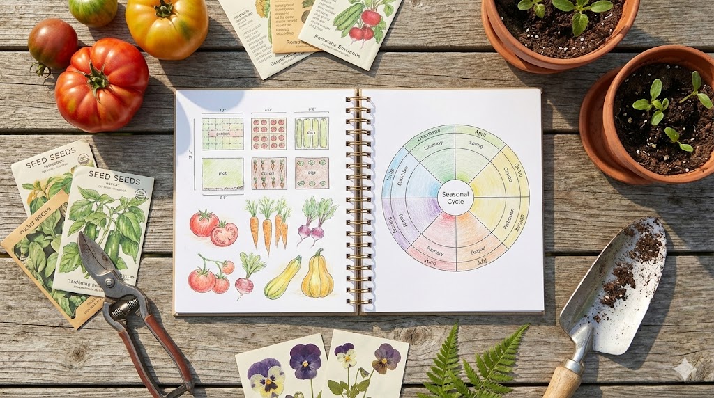 An open spiral-bound planner displaying hand-drawn garden plot diagrams with colored pencil illustrations of vegetables and seasonal cycles.