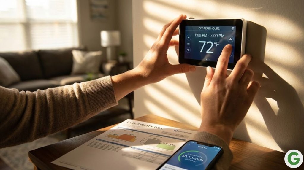 A close-up shot of hands adjusting a modern programmable thermostat displaying off-peak hours on its digital screen.