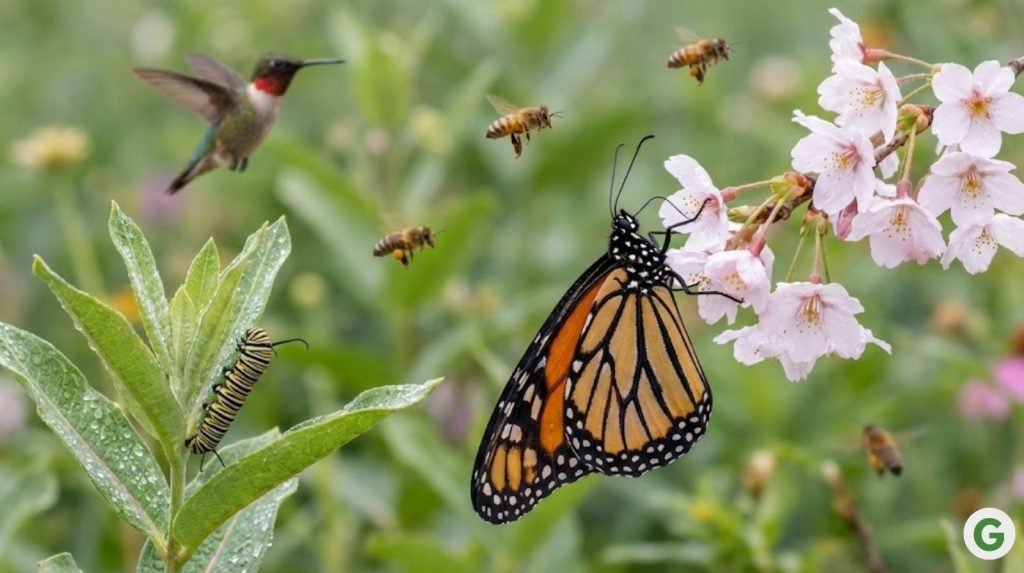 A monarch butterfly's proboscis unfurling onto cherry plum (prunus), while honeybees and a ruby-throated hummingbird hover in soft bokeh background.