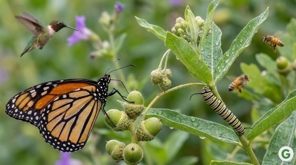 A monarch butterfly's proboscis unfurling onto oak, while honeybees and a ruby-throated hummingbird hover in soft bokeh background.
