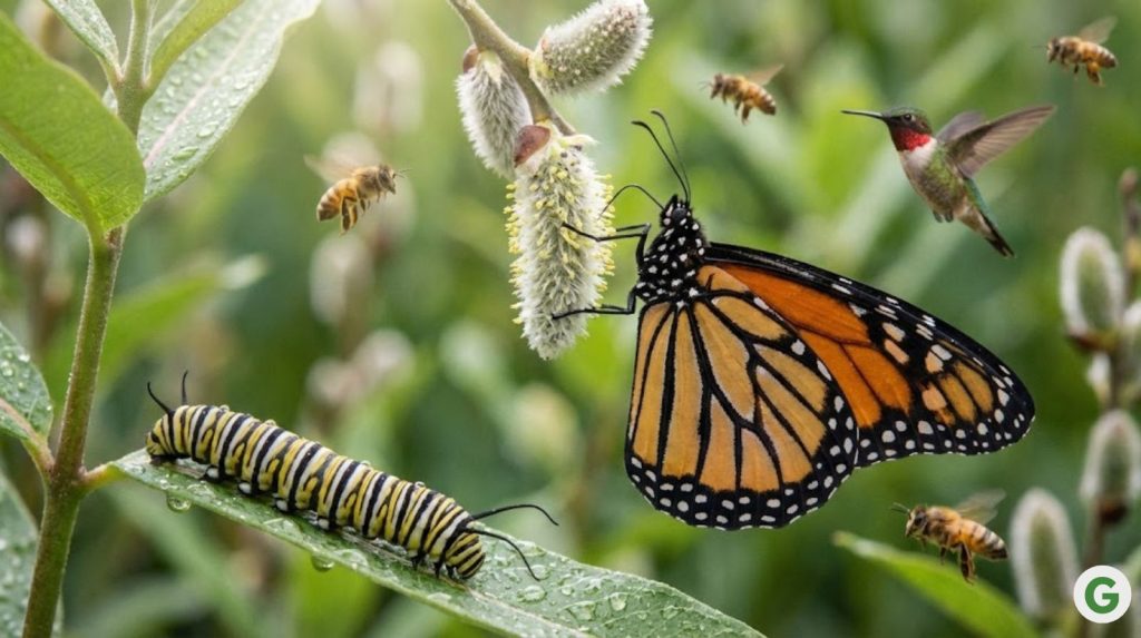 A monarch butterfly's proboscis unfurling onto Willow (Salix), while honeybees and a ruby-throated hummingbird hover in soft bokeh background.