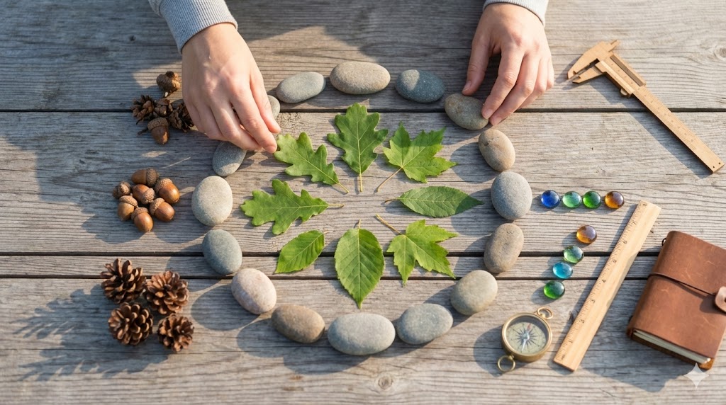 Twelve smooth river stones forming a circular calendar pattern, fresh green leaves marking seasons, acorns representing resource markers, and colored glass pebbles indicating measurements.