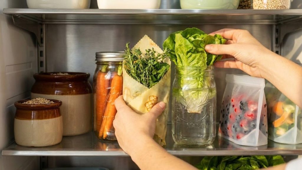 A close-up shot of hands arranging fresh produce in glass jars and beeswax-wrapped bundles inside a minimalist refrigerator.
