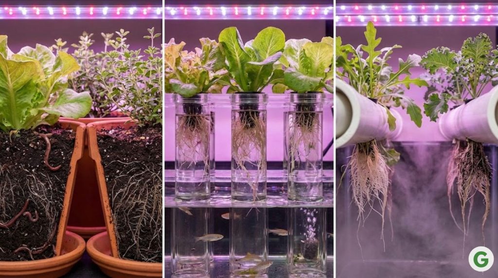 Three indoor growing methods side-by-side.