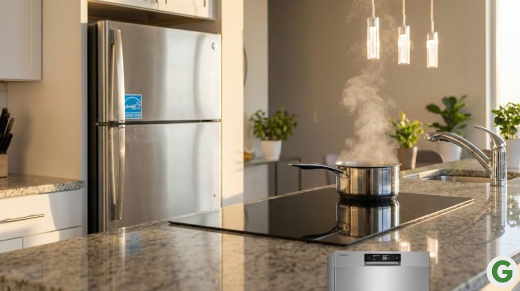 A sleek stainless steel refrigerator with an ENERGY STAR label visible on its handle.