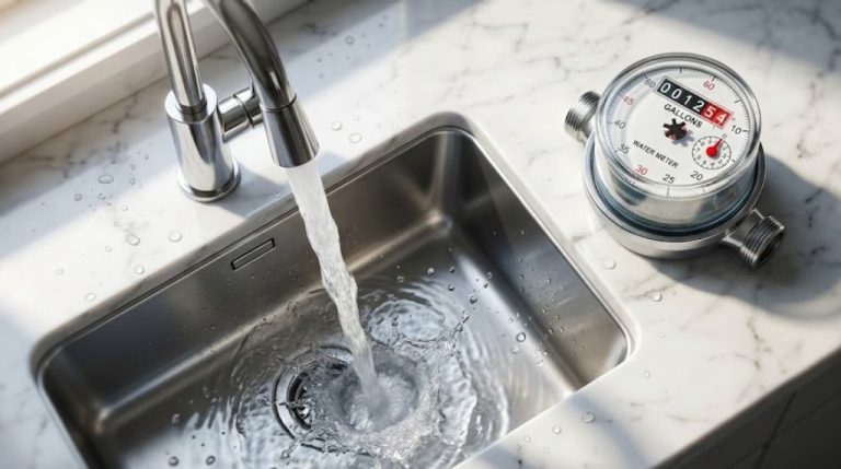A modern bathroom sink with a chrome faucet running full blast, water cascading into a stainless steel basin.