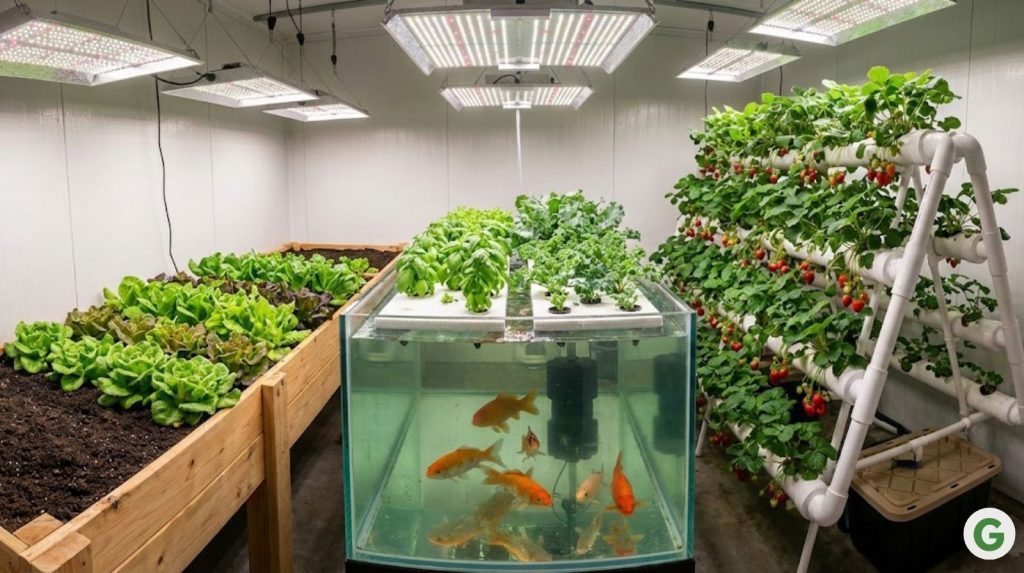 A pristine indoor greenhouse with three distinct growing systems side-by-side.