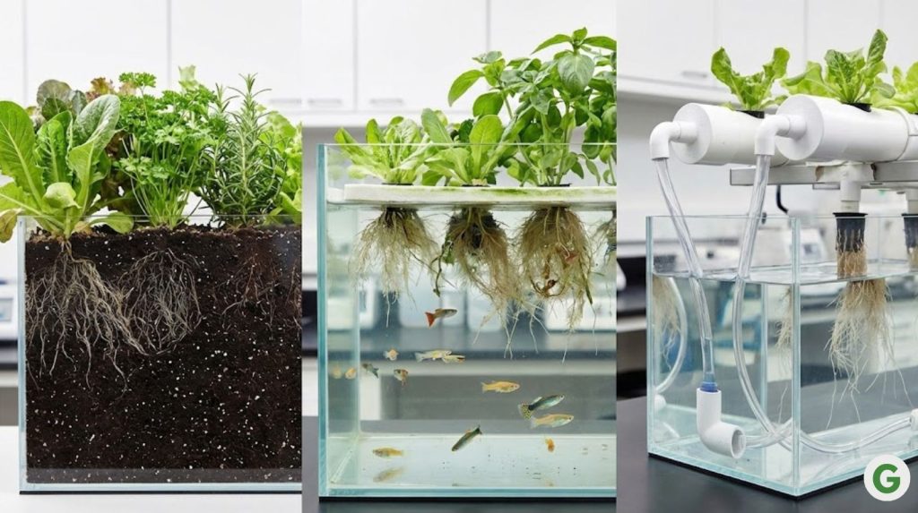 Professional DSLR photograph capturing three distinct indoor growing systems in sharp focus.