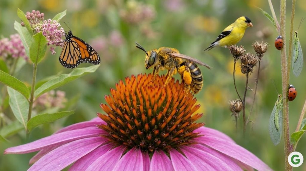 native bee collecting pollen from a vibrant purple coneflower, its legs heavy with golden pollen grains.