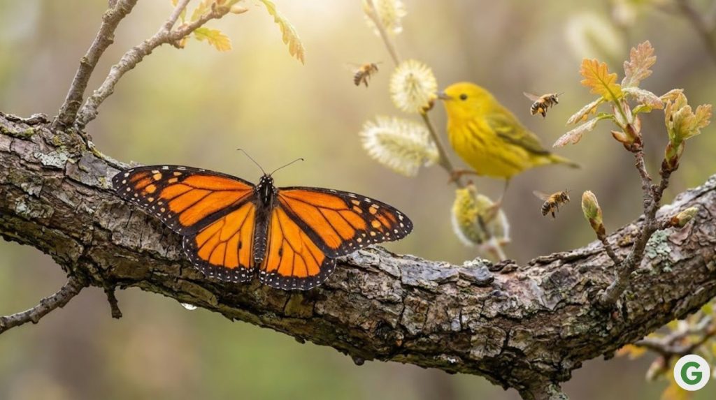 A brilliant orange monarch butterfly perched on a gnarled oak branch, its wings spread wide against soft morning light.