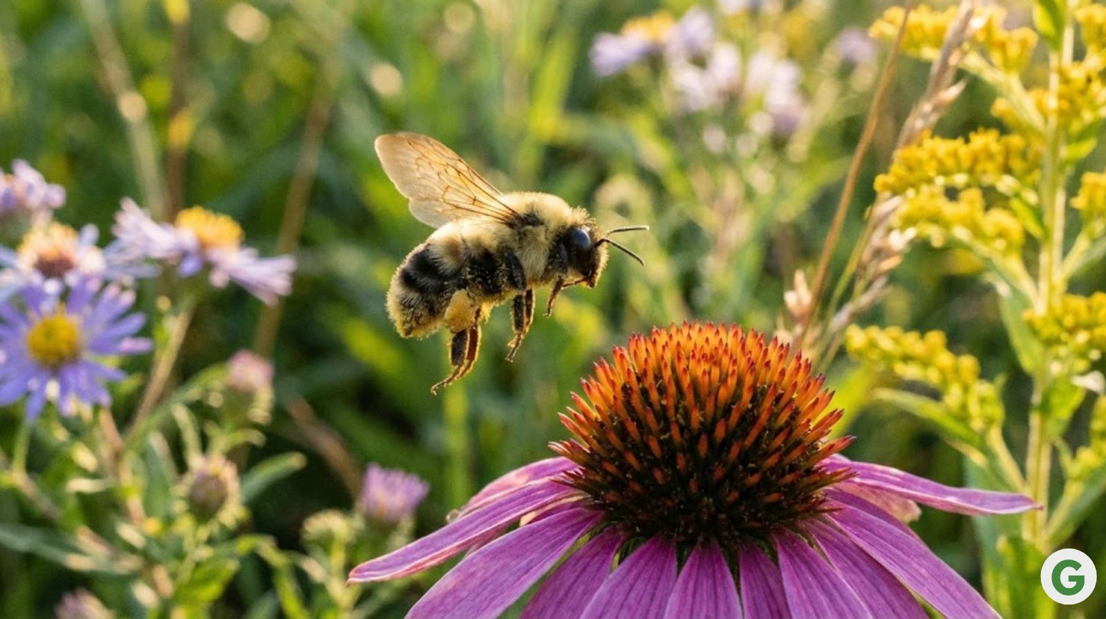 A fuzzy bumblebee mid-flight, pollen dusting its legs as it approaches a vibrant purple coneflower.