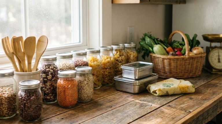 A sunlit kitchen counter showcases neatly arranged glass mason jars filled with colorful dried beans, grains, and pasta.