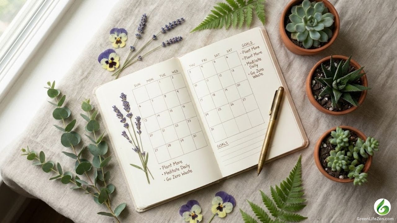 An open planner with botanical elements arranged on natural linen.