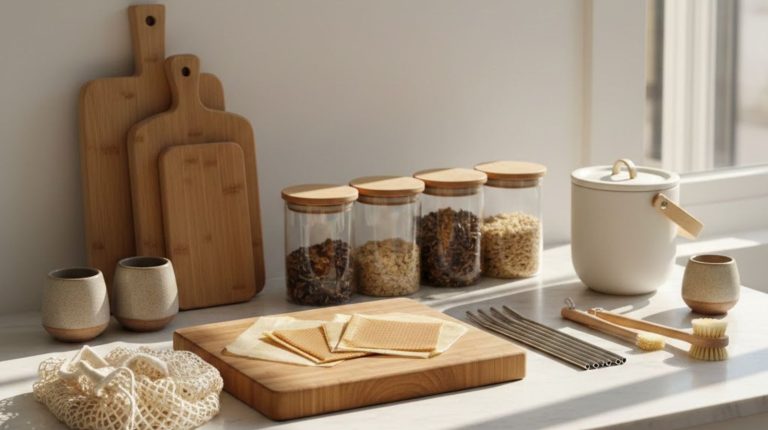 essential sustainable kitchen products arranged in artful composition