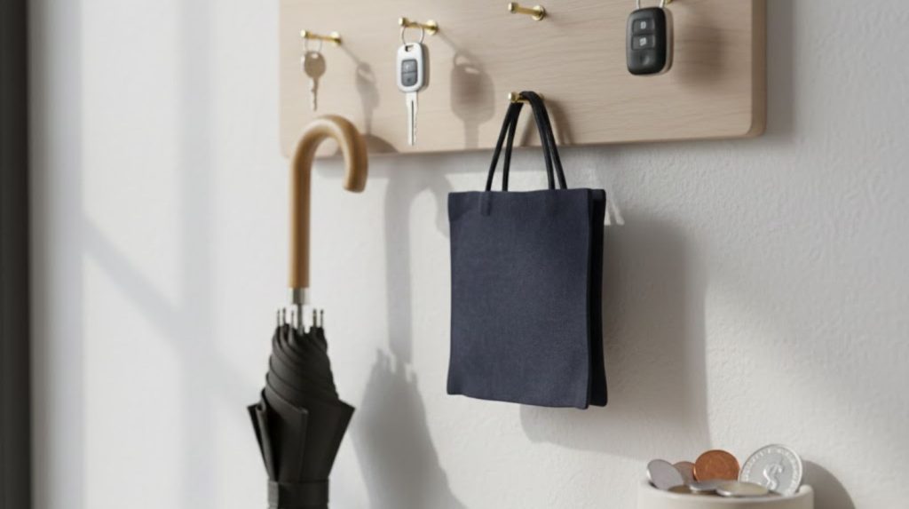 A wall-mounted wooden pegboard with precisely three keys on minimalist brass hooks, a single umbrella, and one reusable shopping bag.