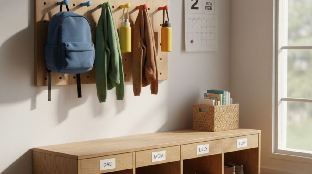 A wall-mounted wooden pegboard with color-coded hooks at child-height, each holding backpacks, jackets, and reusable water bottles.